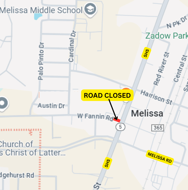 Map of Melissa at Fannin Rd stating road closure