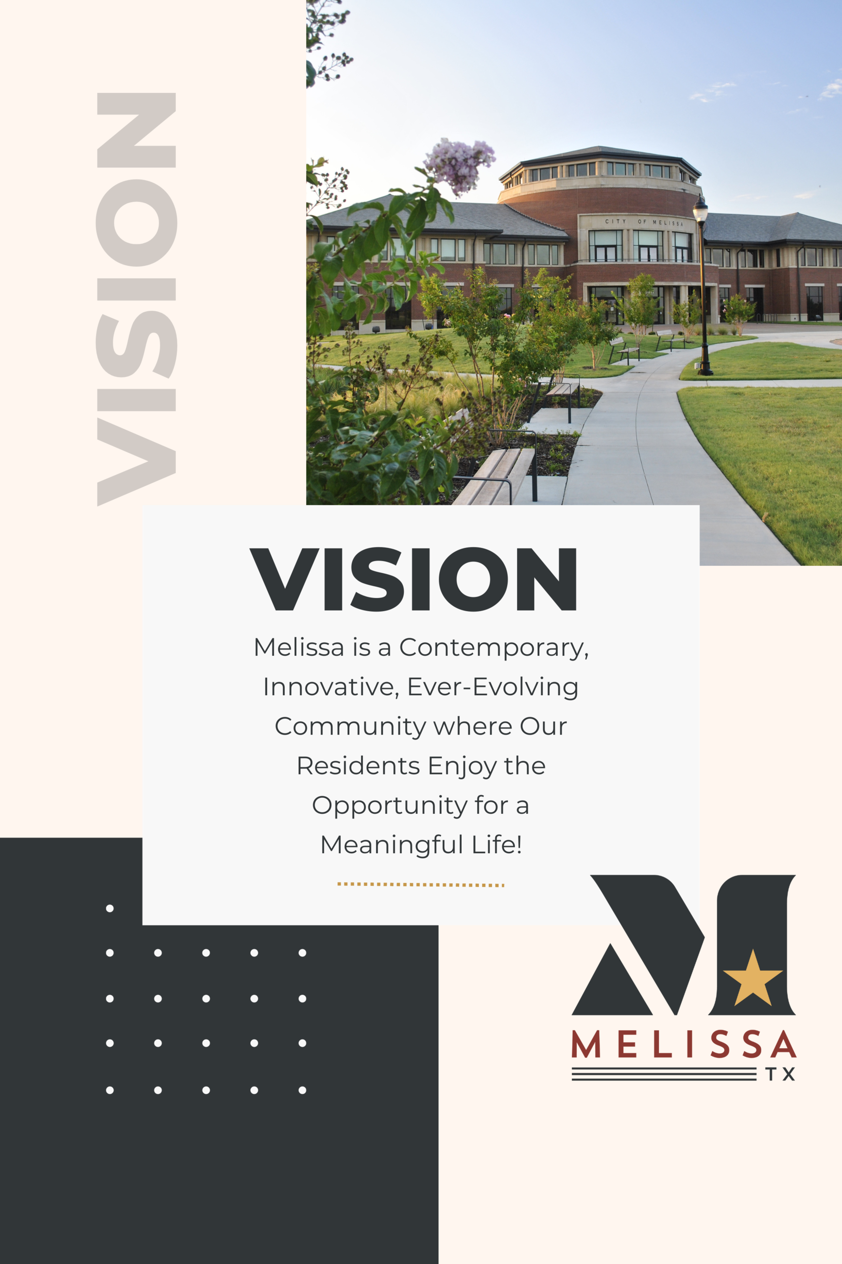 Vision Statement grey, black, and white with an image of City Hall