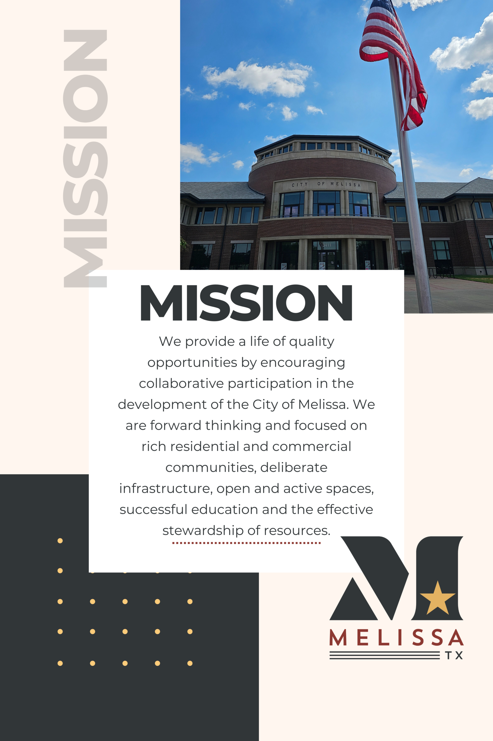 Mission Statement Grey, black and image of city hall