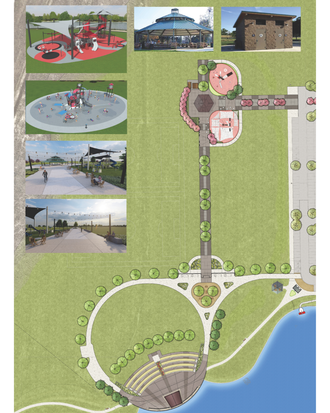 Conceptual site plan for Melissa Lake Park featuring a circular amphitheater near the lake, wide wal